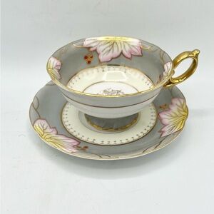 VTG Shafford Tea Cup & Saucer Grey Gold Pink Floral Extra Support on Handle